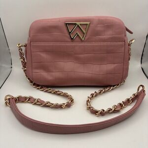 Kelly Wynne Pink Croc Embossed Leather Chain Shoulder Bag Purse